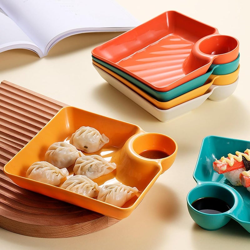 DLEST Square Shape Small Snack Dessert Dishes with Chutney Compartment Unbreakable Set for Kids Chat/Snack Plate Lightweight, Eco-Friendly & Freezer Dishwasher Safe (8pcs White, Green, Yellow, Orange) - Image 2