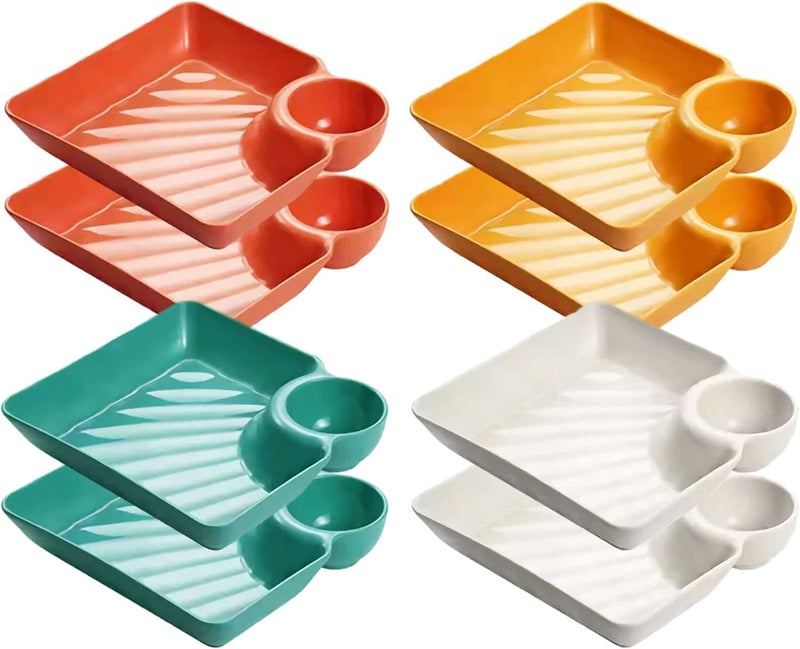 DLEST Square Shape Small Snack Dessert Dishes with Chutney Compartment Unbreakable Set for Kids Chat/Snack Plate Lightweight, Eco-Friendly & Freezer Dishwasher Safe (8pcs White, Green, Yellow, Orange) - Image 1