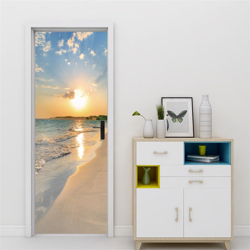 TUOKING Door Sticker,Peel and Stick Vinyl Door Decals,Self-Adhesive Mural for Home Decor, 30.3" W x 78.7" L,Set of 2 Sheets,Beach Sunset - Image 4