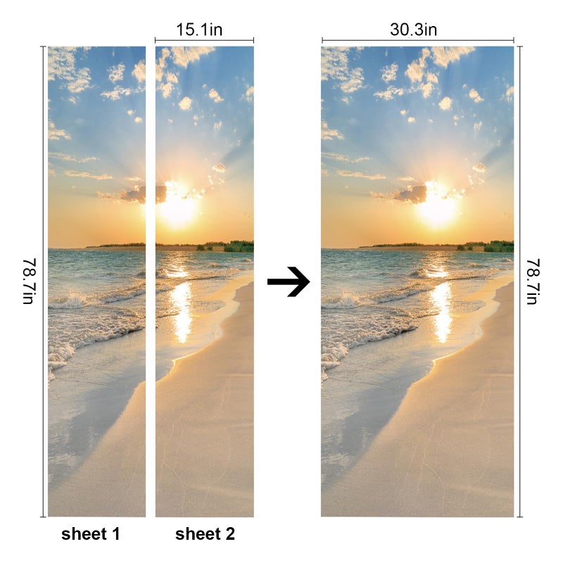 TUOKING Door Sticker,Peel and Stick Vinyl Door Decals,Self-Adhesive Mural for Home Decor, 30.3" W x 78.7" L,Set of 2 Sheets,Beach Sunset - Image 2