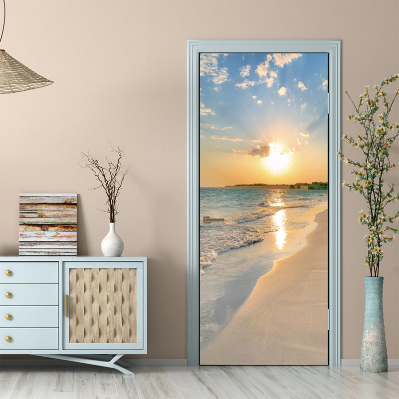 TUOKING Door Sticker,Peel and Stick Vinyl Door Decals,Self-Adhesive Mural for Home Decor, 30.3" W x 78.7" L,Set of 2 Sheets,Beach Sunset - Image 3