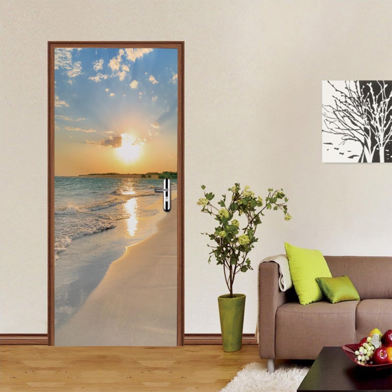 TUOKING Door Sticker,Peel and Stick Vinyl Door Decals,Self-Adhesive Mural for Home Decor, 30.3" W x 78.7" L,Set of 2 Sheets,Beach Sunset - Image 1