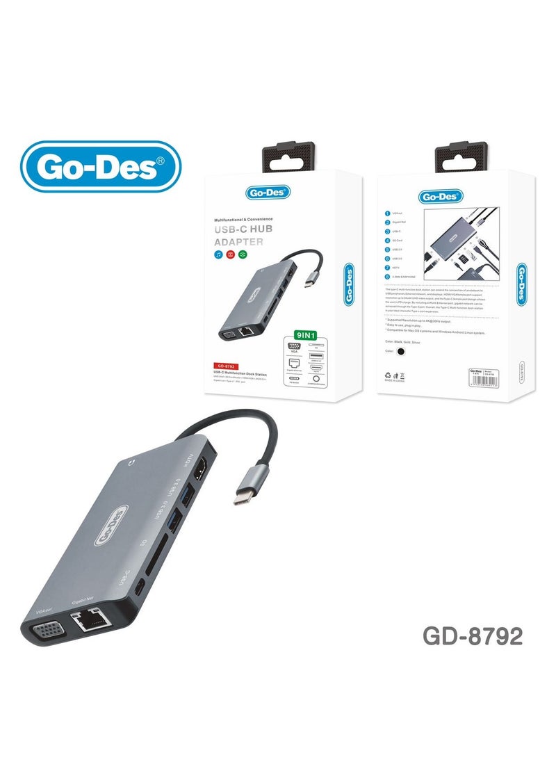 GO-DES USB-C Hub Adapter 4-in-1 Multiport Adapter with HDMI, USB 3.0, and Power Delivery for Laptops and Tablets(GD-8792) 