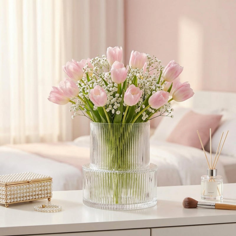 YANWE1 Ribbed Glass Vase, Flower Vase, Fluted Clear Vases for Flowers, Modern Vases for Living Room, Dining Table, Entryway, Shelf, Wedding, Office, Coffee Table, Birthday, 7.5 Inches - Image 4