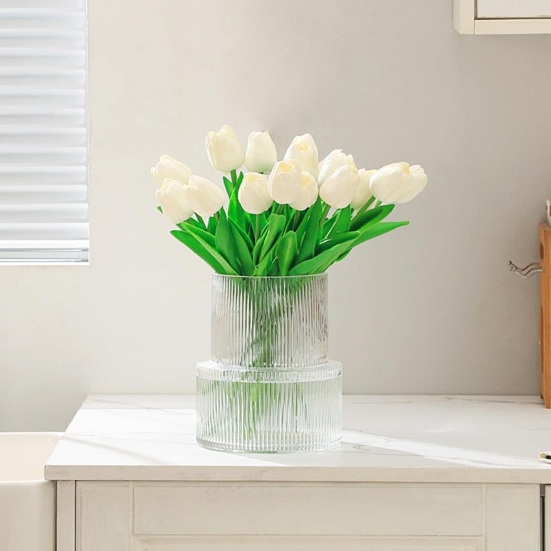YANWE1 Ribbed Glass Vase, Flower Vase, Fluted Clear Vases for Flowers, Modern Vases for Living Room, Dining Table, Entryway, Shelf, Wedding, Office, Coffee Table, Birthday, 7.5 Inches - Image 5