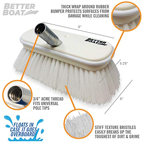 Better Boat Stiff Boat Deck Brush, Heavy-Duty Marine Brush Head, 8" Firm Bristle with Bumper, 3/4" Thread Handle, for RV, Truck, and Auto Cleaning - Image 2