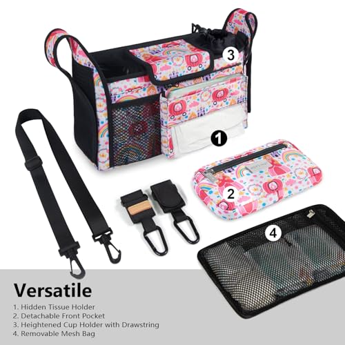 TOPDesign Universal Baby Stroller Organizer Stroller Caddy with Detachable Mesh Bag Heightened Insulated Cup Holders NonSlip Secure Hooks Accessories Fits Most Strollers Pumpkin Princess - Image 3
