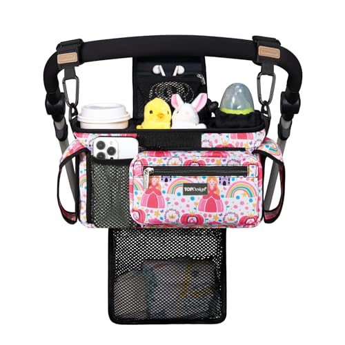 TOPDesign Universal Baby Stroller Organizer Stroller Caddy with Detachable Mesh Bag Heightened Insulated Cup Holders NonSlip Secure Hooks Accessories Fits Most Strollers Pumpkin Princess - Image 1