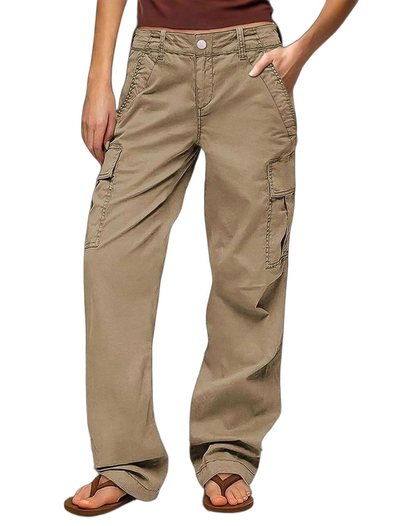 Flamingals Straight Leg Mid Waist Solid Stitch Detail Pants with Flap Pocket Khaki XL - Image 1