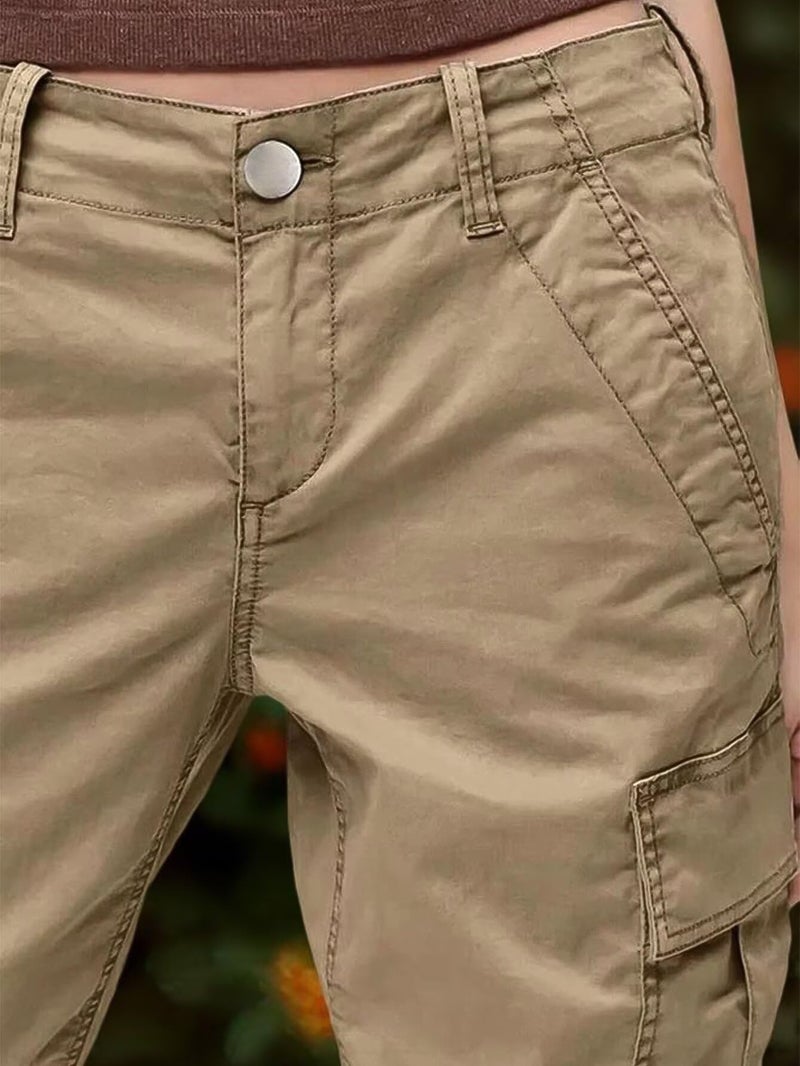 Flamingals Straight Leg Mid Waist Solid Stitch Detail Pants with Flap Pocket Khaki XL - Image 4