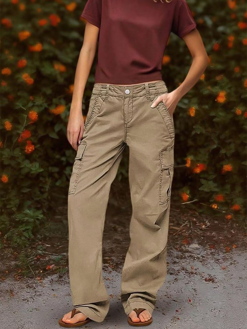 Flamingals Straight Leg Mid Waist Solid Stitch Detail Pants with Flap Pocket Khaki XL - Image 3