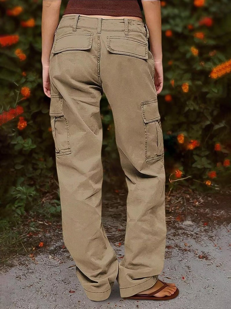 Flamingals Straight Leg Mid Waist Solid Stitch Detail Pants with Flap Pocket Khaki XL - Image 2