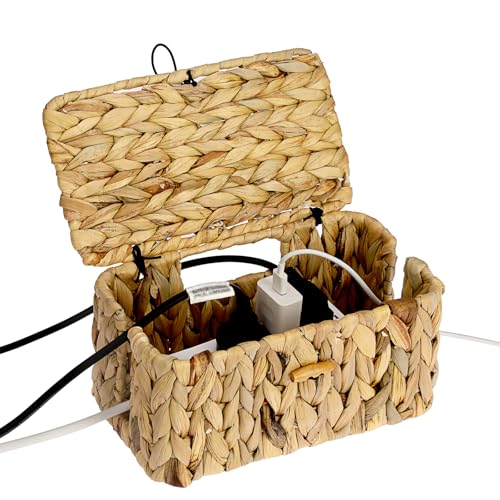 BTSKY Woven Cable Management Box with Lid, Water Hyacinth Cord Organizer for Desk, Cable Organizer Box with 2-Open Slots to Hide Power Strips USB Hubs for Home & Office, Pet Proofing Cord Basket, S - Image 1