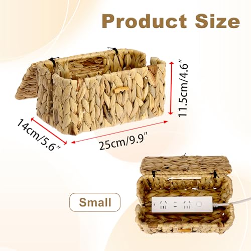 BTSKY Woven Cable Management Box with Lid, Water Hyacinth Cord Organizer for Desk, Cable Organizer Box with 2-Open Slots to Hide Power Strips USB Hubs for Home & Office, Pet Proofing Cord Basket, S - Image 3