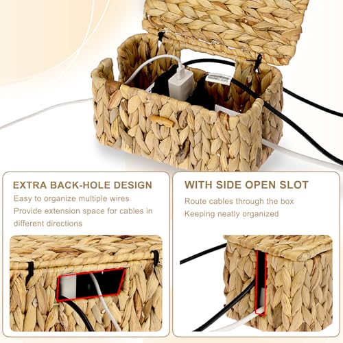 BTSKY Woven Cable Management Box with Lid, Water Hyacinth Cord Organizer for Desk, Cable Organizer Box with 2-Open Slots to Hide Power Strips USB Hubs for Home & Office, Pet Proofing Cord Basket, S - Image 4
