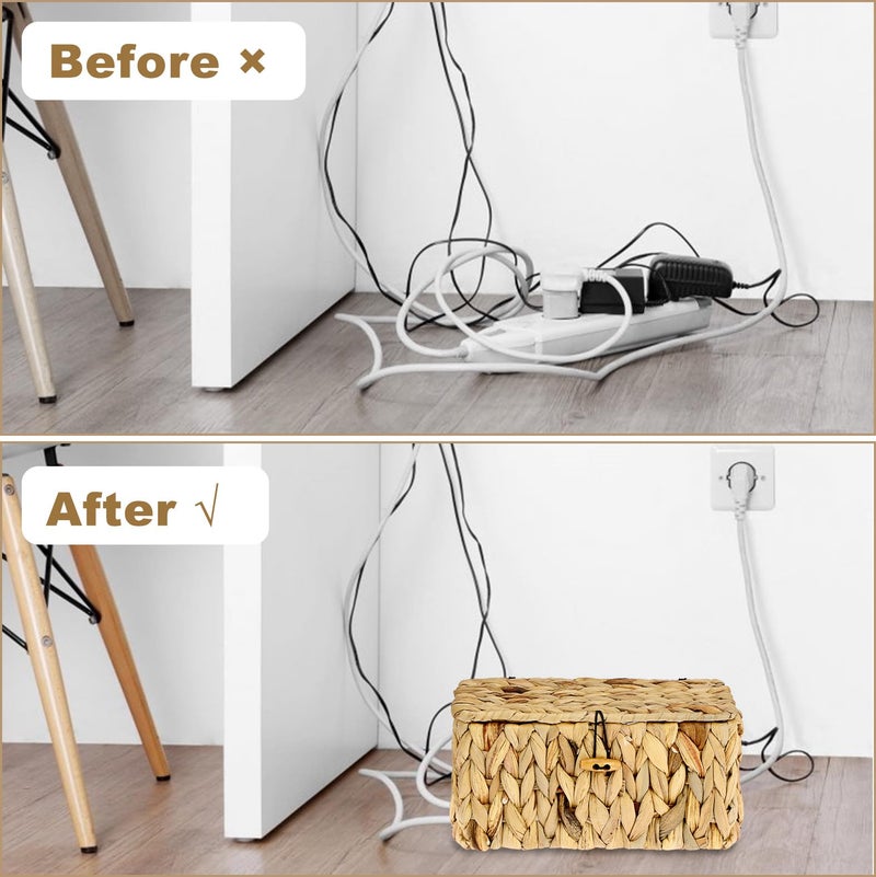 BTSKY Woven Cable Management Box with Lid, Water Hyacinth Cord Organizer for Desk, Cable Organizer Box with 2-Open Slots to Hide Power Strips USB Hubs for Home & Office, Pet Proofing Cord Basket, S - Image 2