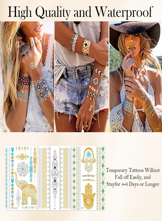 Flavizo 9 Sheets Golden Waterproof Temporary Tattoos sticker Quick Apply | Long Lasting | Gentle On Skin | Festival & Party Ready | Non-Smudge - Image 3