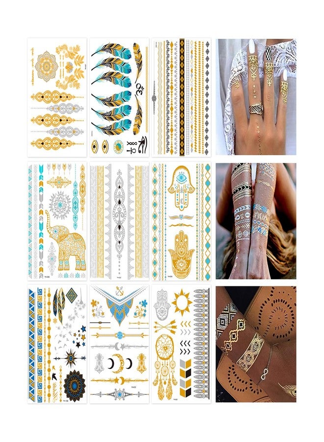 Flavizo 9 Sheets Golden Waterproof Temporary Tattoos sticker Quick Apply | Long Lasting | Gentle On Skin | Festival & Party Ready | Non-Smudge - Image 1