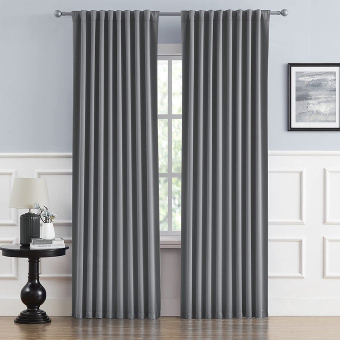 THERMAL INSULATED GRAY BLACKOUT CURTAIN PANELS 96 INCHES LONG BACK TAB AND ROD POCKET ROOM DARKENING CURTAINS FOR BEDROOM 52W X 96L GREY 2 PANELS