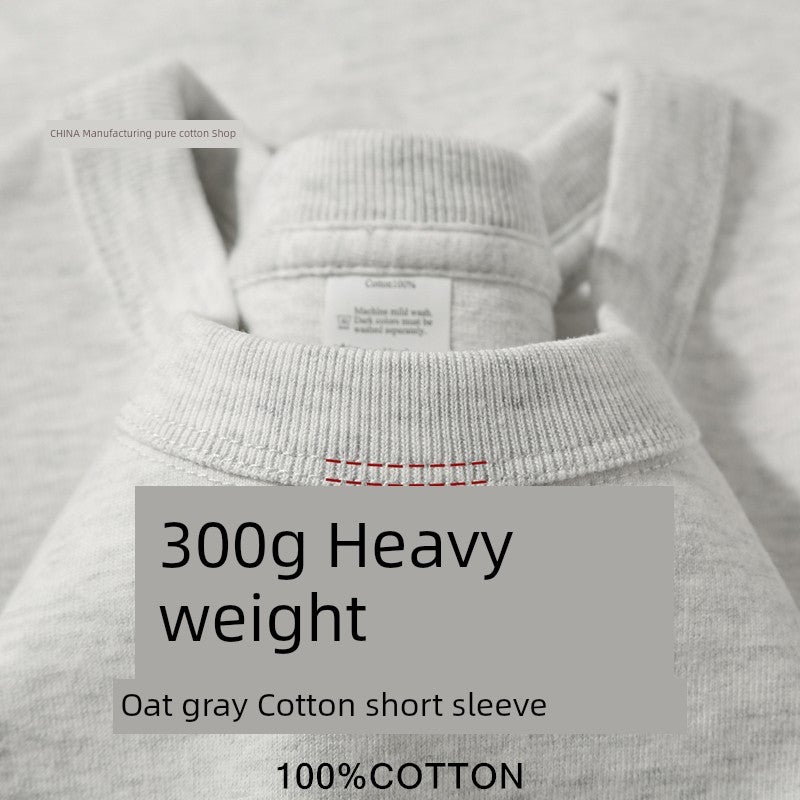 Military green 300g heavy cotton round neck short-sleeved T-shirt for men and women in summer loose retro casual solid color clothes - Image 1