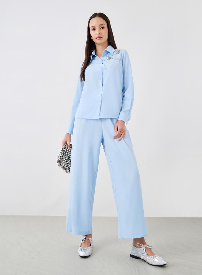 Take Two Embellished Detail Long Sleeve Shirt and Pants Co-Ords - Image 1