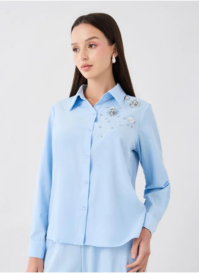 Take Two Take Two Embellished Detail Long Sleeve Shirt and Pants Co-Ords