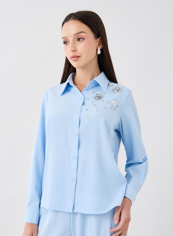 Take Two Embellished Detail Long Sleeve Shirt and Pants Co-Ords - Image 2