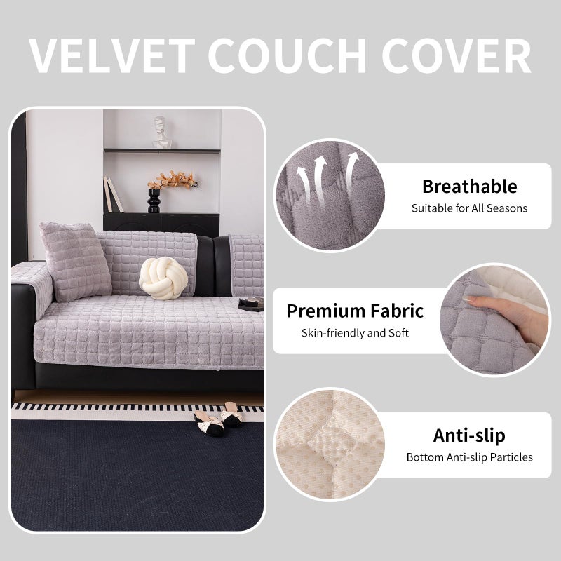MDSASFD Velvet Couch Cover, Washable Sectional Sofa Cover, Anti Slip Sofa Slipcovers for 3 Cushion Couch Sofa L Shaped Recliner, Furniture Protector Covers for Pets Kids(Light Grey, Only 1 PCS) - Image 2