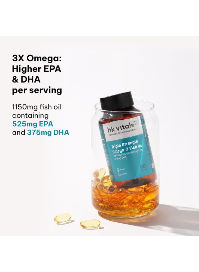 hk vitals 3X Strength Omega-3 Fish Oil Supplement (60 Capsules) | 1150mg Fish Oil, 525mg EPA & 375mg DHA | For Healthy Heart & Joints | Men & Women - Image 4