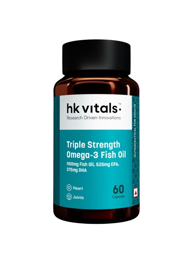 hk vitals 3X Strength Omega-3 Fish Oil Supplement (60 Capsules) | 1150mg Fish Oil, 525mg EPA & 375mg DHA | For Healthy Heart & Joints | Men & Women - Image 1