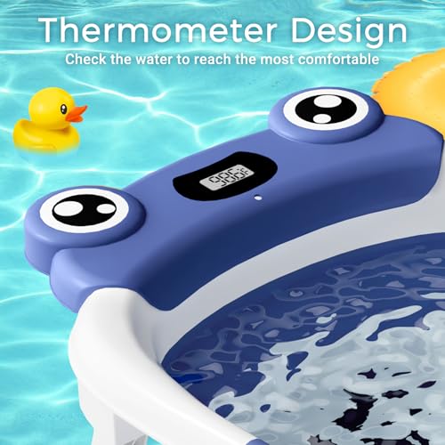 BUNWAG Baby Bathtub, Collapsible Newborn Bathtub for Infant to Toddler with Soft Cushion and Thermometer, Travel Newborn Tub with No-Slip Feet, Baby Shower Gifts, 0-12 Months Baby Bath, Navy Blue - Image 4