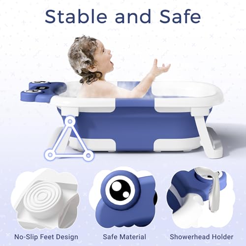 BUNWAG Baby Bathtub, Collapsible Newborn Bathtub for Infant to Toddler with Soft Cushion and Thermometer, Travel Newborn Tub with No-Slip Feet, Baby Shower Gifts, 0-12 Months Baby Bath, Navy Blue - Image 2