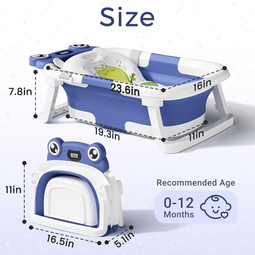 BUNWAG Baby Bathtub, Collapsible Newborn Bathtub for Infant to Toddler with Soft Cushion and Thermometer, Travel Newborn Tub with No-Slip Feet, Baby Shower Gifts, 0-12 Months Baby Bath, Navy Blue - Image 3
