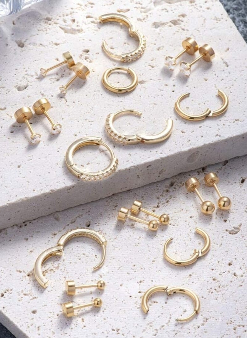 24 Pcs Gold Hoop & Stud Earrings Set for Women, 18K Gold Plated Stainless Steel Huggie Hoop Earrings, Multi Piercing Cartilage Helix Jewelry, Elegant Everyday Earrings - Image 2