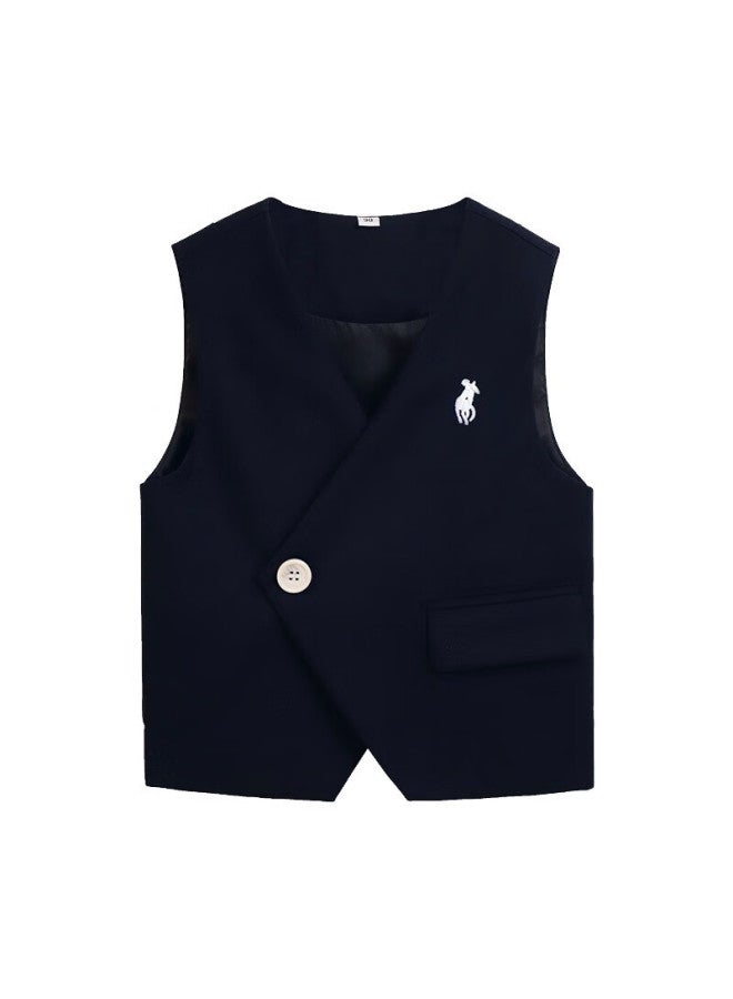 Luobobeibei Boys Plus Size Suit Extra Large Formal Wear Children's Host Piano New Year Outfit Navy Blue Five-piece Set 170 - Image 2