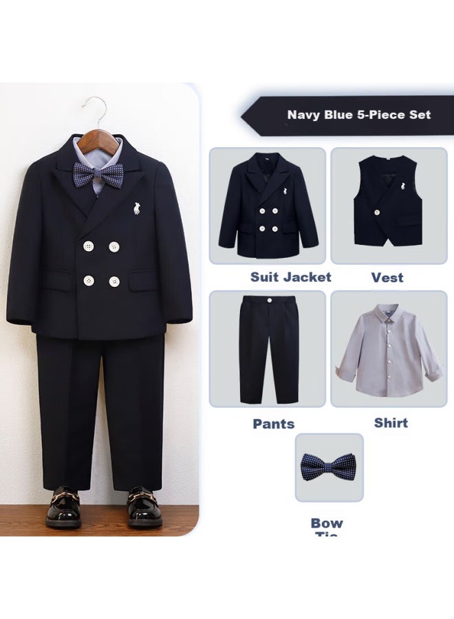 Luobobeibei Boys Plus Size Suit Extra Large Formal Wear Children's Host Piano New Year Outfit Navy Blue Five-piece Set 170 - Image 1