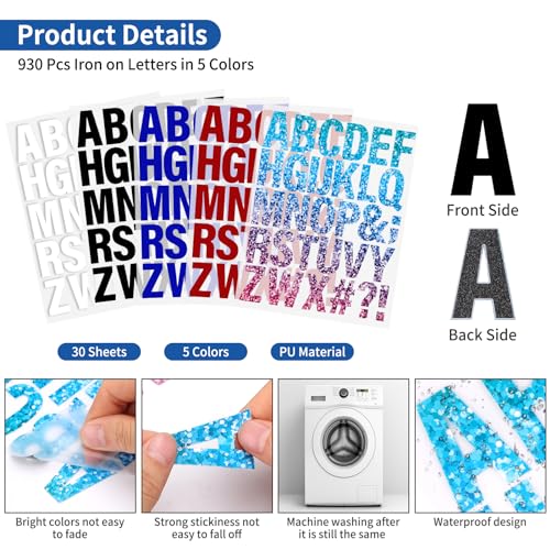 LifeisLuck 30 Sheets 930 Pieces Iron on Letters for Clothes 1.6 Inch Heat Transfer Letters with A-Z Iron on Vinyl Letters in 5 Colors PU Alphabet Adhesive Stickers for DIY Printing Craft Fabric T-Shirt Jersey - Image 2