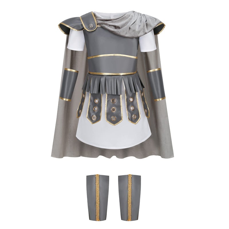 maxToonrain Gladiator Costume for Kids Centurion Roman Soldier Outfit Viking Medieval Greek Historical Theme Role Playing Party - Includes Tunic, Armour, Cape, Arm and Leg Guards (Grey, 8-9 Year) - Image 1