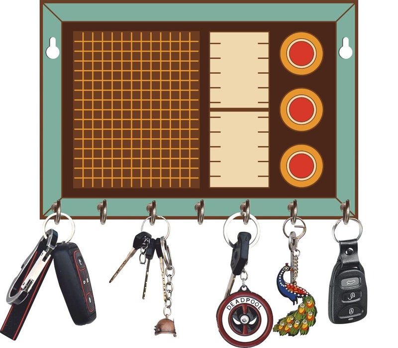 Webelkart Premium HD UV Printed Retro Radio Shaped Keys Wooden Key Holder (12 Inch x 6.50 Inch, Wood, Multicolor)- 5 Hooks - Image 3