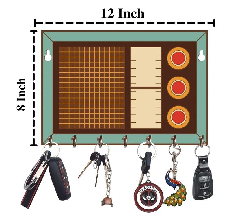 Webelkart Premium HD UV Printed Retro Radio Shaped Keys Wooden Key Holder (12 Inch x 6.50 Inch, Wood, Multicolor)- 5 Hooks - Image 2