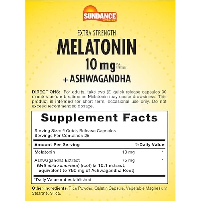 Sundance Melatonin 10mg with Ashwagandha | 50 Capsules | Extra Strength | Non-GMO & Gluten Free Supplement - Image 2