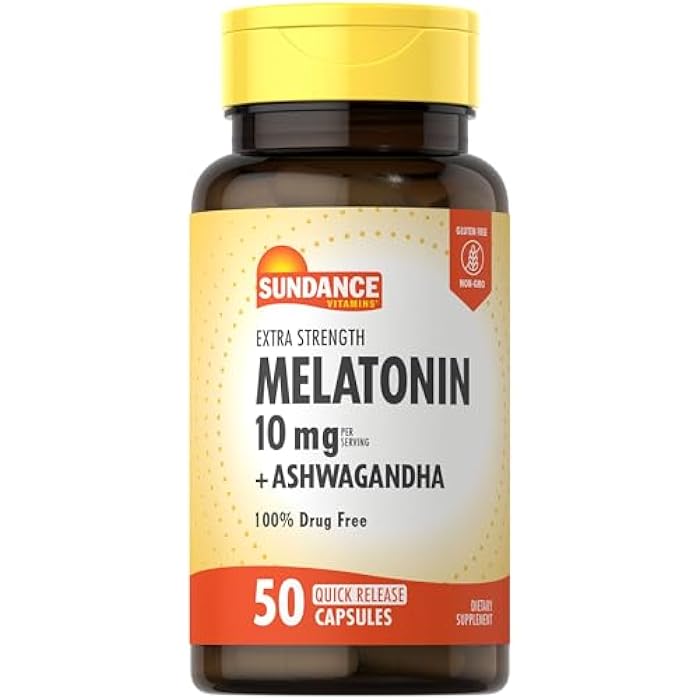 Sundance Melatonin 10mg with Ashwagandha | 50 Capsules | Extra Strength | Non-GMO & Gluten Free Supplement - Image 1