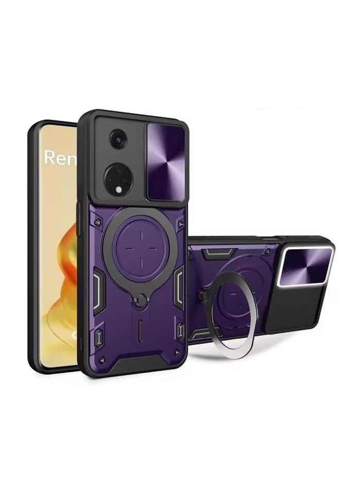 شيلد ايجيبت لهاتف اوبو 8تى 5جى (Oppo Reno 8T 5G) جراب حماية مع باب جرار لحماية عدسة  الكاميرا المدرعة مدمج بزاوية 360 درجة - (بنفسجى)