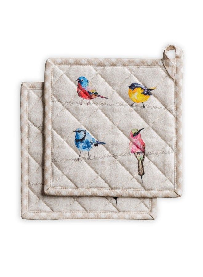 Maison d' Hermine Hot Pads 100% Cotton Pot Holders Set Of 2 With Hanging Loop Potholder Heat Resistant Bbq Baking Grilling & Barbeque Birdies On Wire Spring/Summer (8"X8")  - Image 1