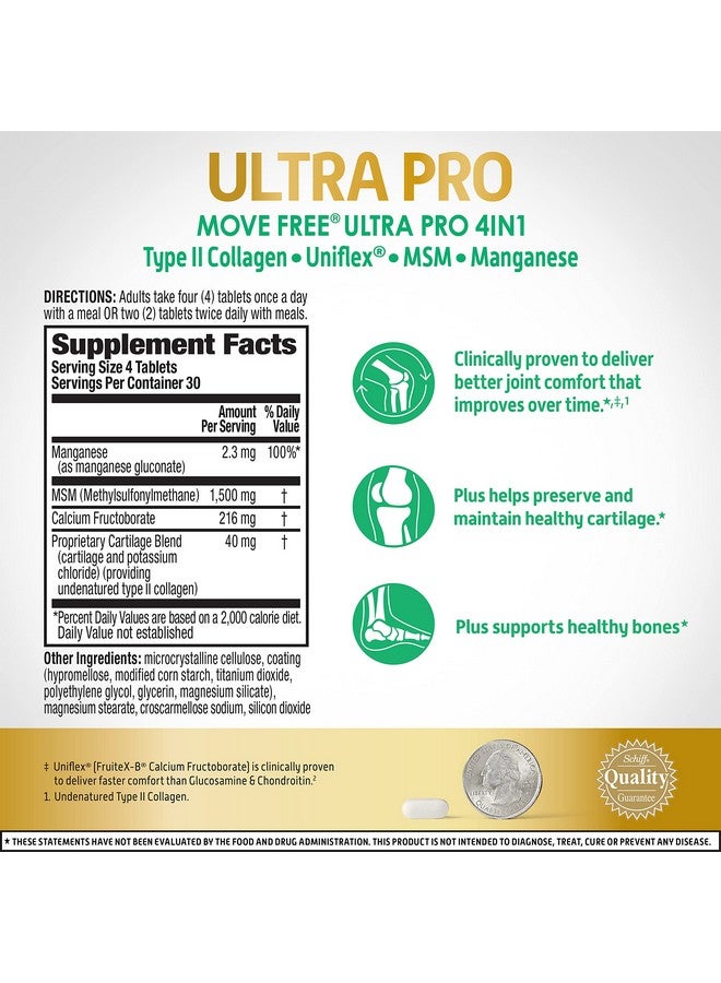 Move Free Ultra Pro With Quadruple Action Joint Support Type 2 Collagen Msm Calcium Fructoborate & Manganese Supports Joint Cartiliage Bone Connective Tissue 120 Tablets (30 Servings) - Image 4