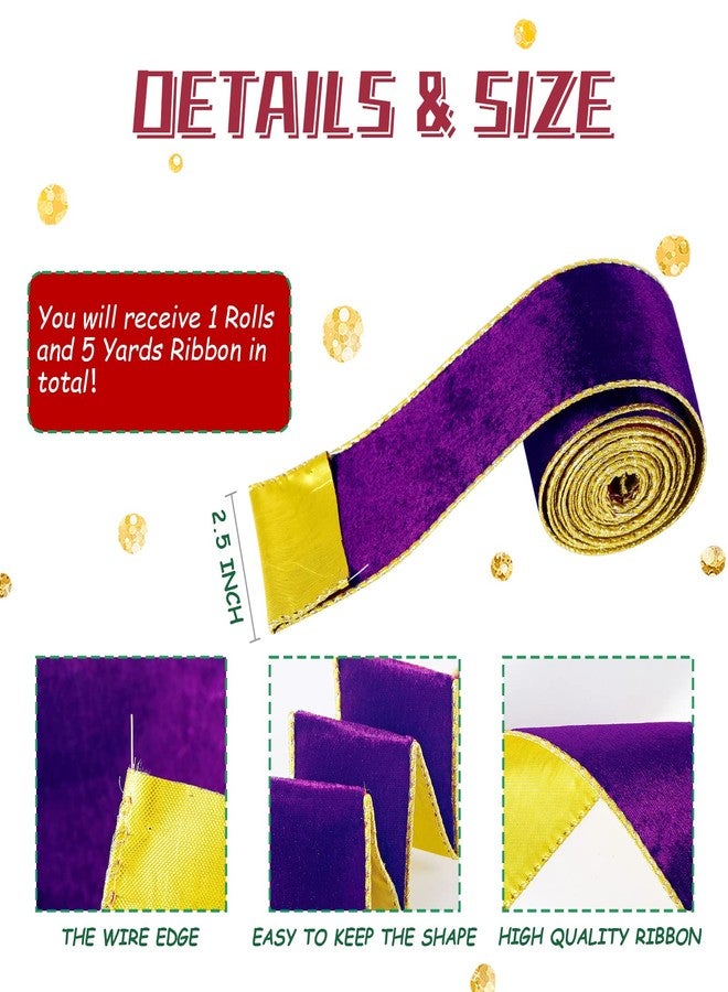 SIMISI RIBBON شريط مخملي عريض بنفسجي اللون، مزود بسلك، مناسب لأشجار عيد الميلاد، والزينة، والأكاليل، بطول 2.5 بوصة وطول 5 ياردات. - Image 2