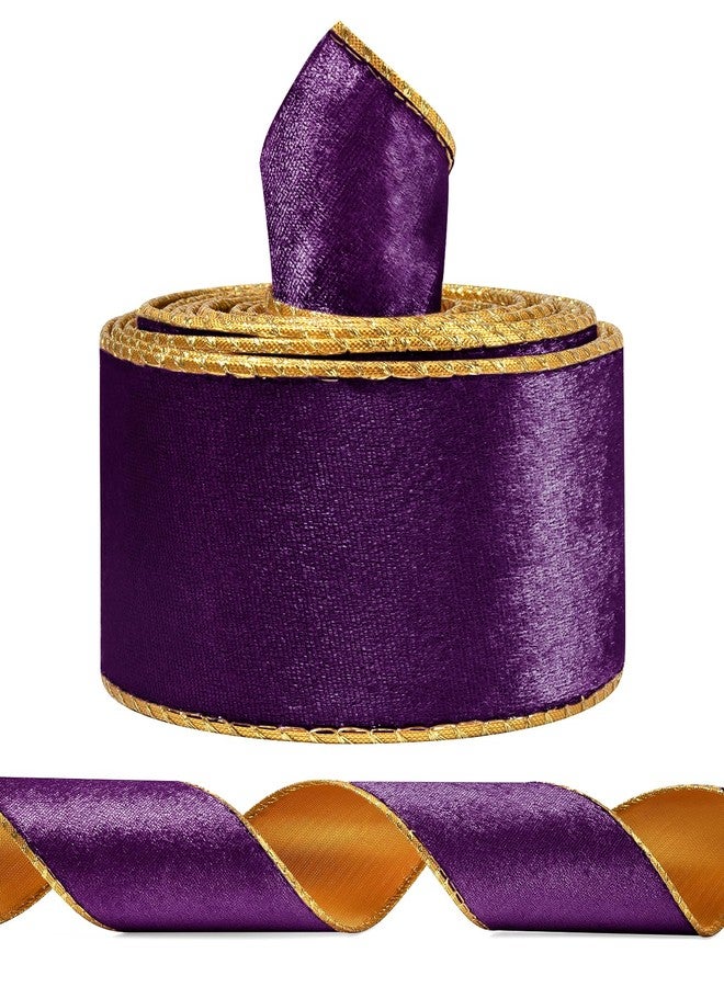 SIMISI RIBBON شريط مخملي عريض بنفسجي اللون، مزود بسلك، مناسب لأشجار عيد الميلاد، والزينة، والأكاليل، بطول 2.5 بوصة وطول 5 ياردات. - Image 1