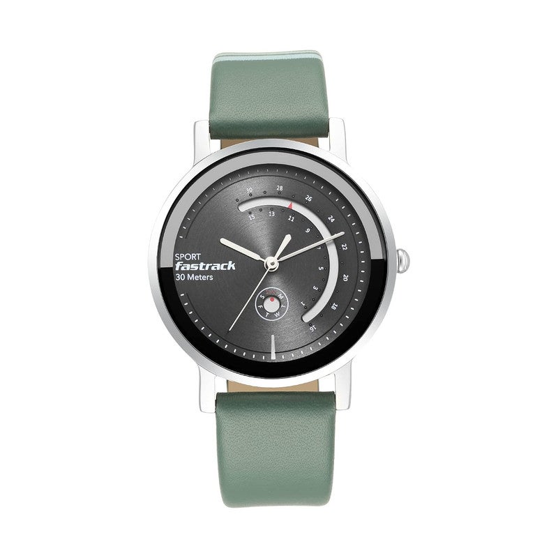 Fastrack Wear Your Look Women's Quartz Analog Watch | Layered Grey Dial with Semicircular Day & Date Displays | Green Leather Strap - 6172SL04 - Image 3