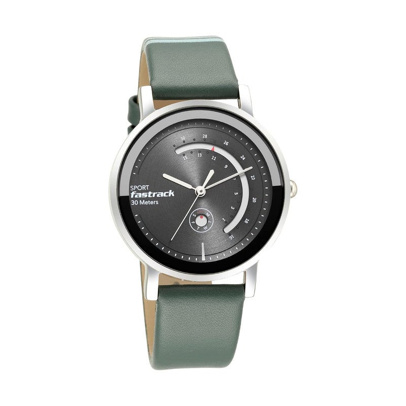 Fastrack Wear Your Look Women's Quartz Analog Watch | Layered Grey Dial with Semicircular Day & Date Displays | Green Leather Strap - 6172SL04 - Image 1