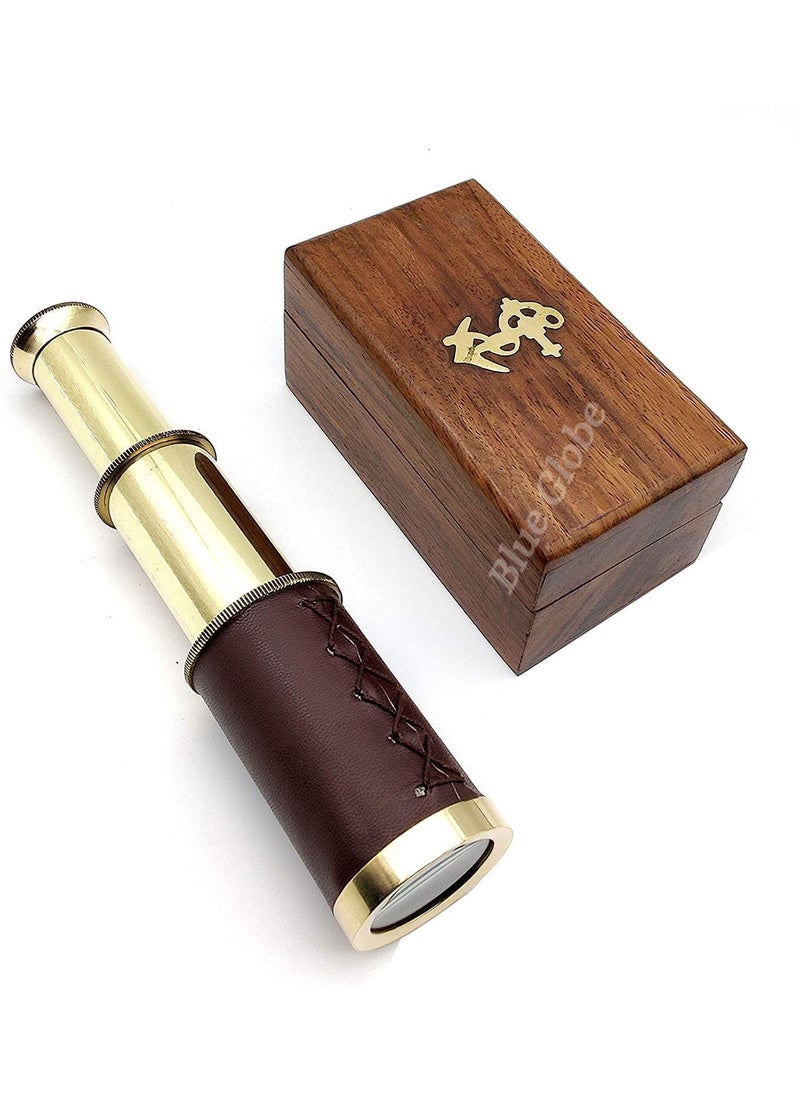 Blue Globe 6 Brass Spyglass Telescope with Wooden Box Brass Monocular Decorative Telescope with Glass Optics for Kids Polish Finish Brown Leather Grip by Blue Globe Export  - Image 3